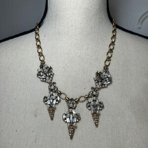 J. Crew Statement Necklace Gold Tone Clear Rhinestone Faux Pearl Elegant